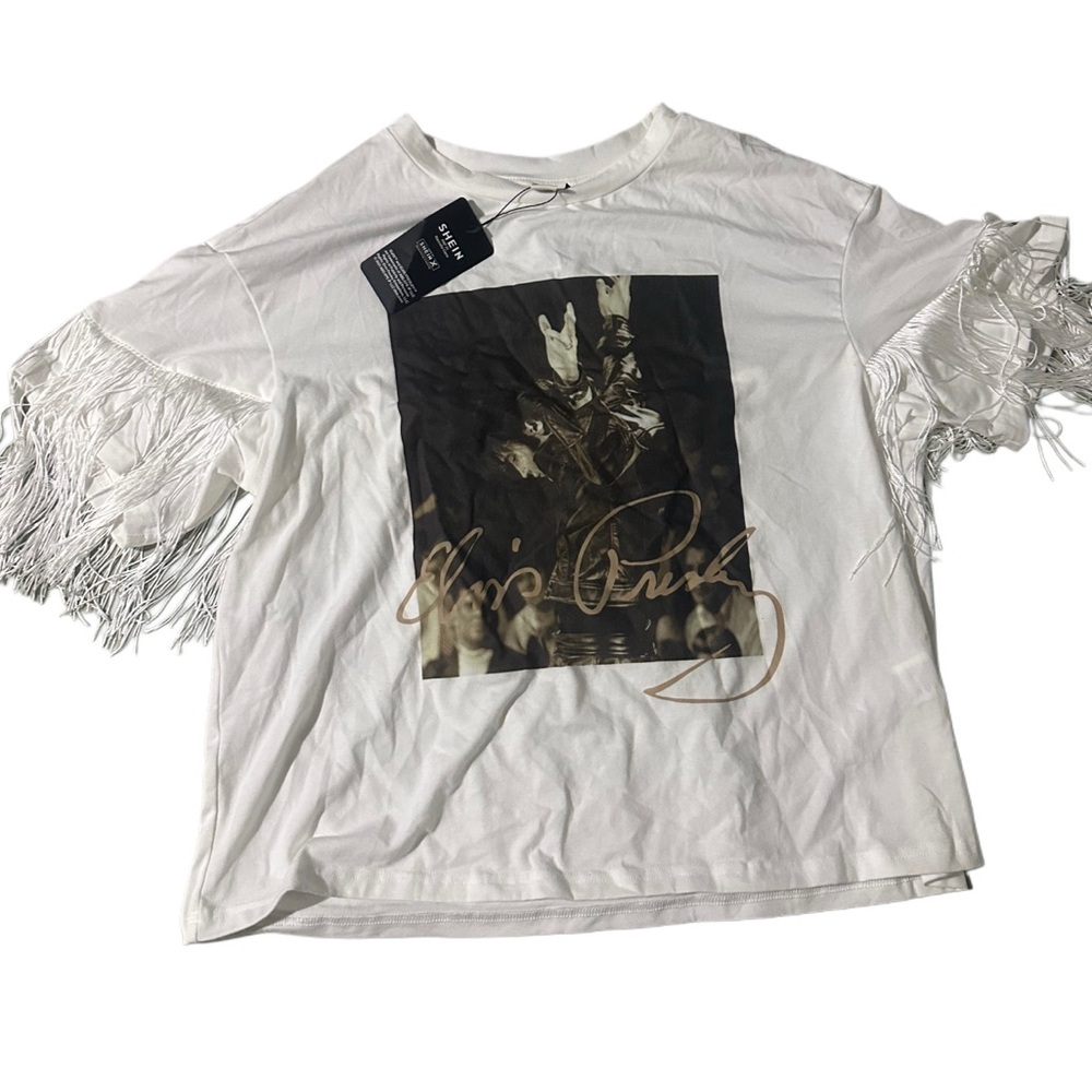 SHEIN Elvis Presley Graphic Short Sleeve with Fringe and Diamonds on Back